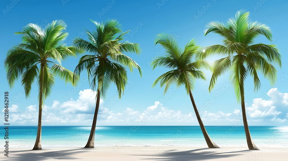 Obraz premium Tropical Paradise: Four Palm Trees on a Pristine Beach