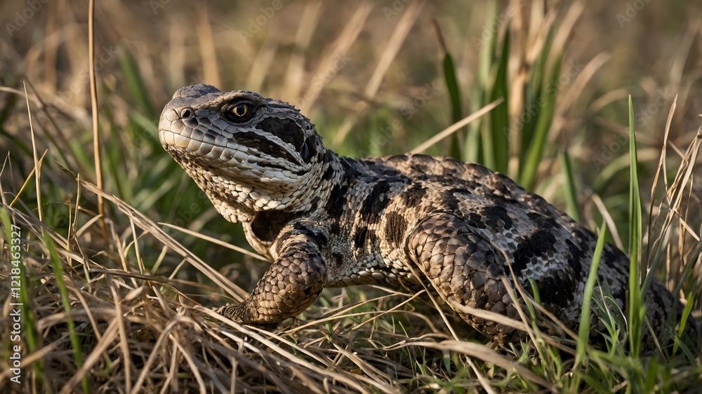 Stealthy Crotalus Durissus Rattlesnake Moving Through Tall Grass Using Natural Camouflage Stealthy Crotalus Durissus Rattlesnake Moving Through Tall Grass Using Natural Camouflage