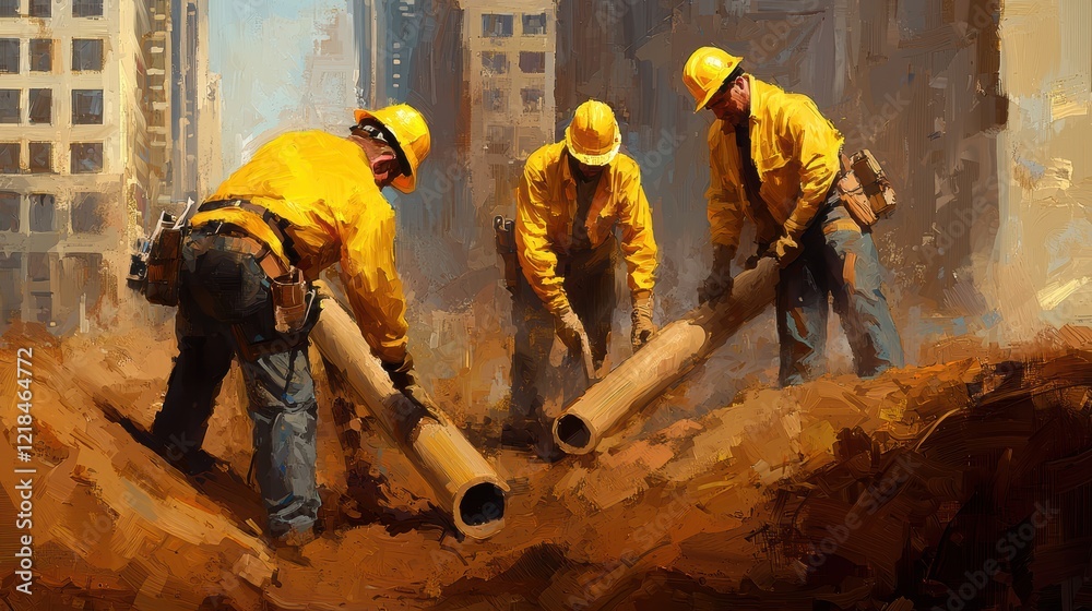 Fototapeta premium Construction Workers Collaborate on Urban Development Project