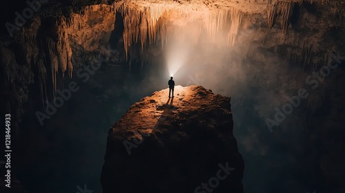 Lone explorer illuminates vast cave, geological formations in background; adventure, exploration stock photo