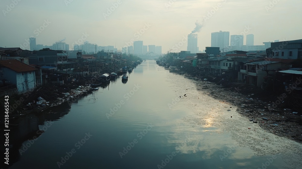 Naklejka premium Urban River Reflection: A serene river meanders through a dense urban landscape, its glassy surface reflecting the hazy skyline and the rising sun in a moody, atmospheric image.