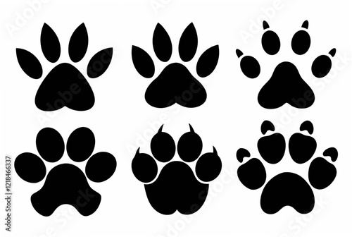 Different animal paw print silhouette black vector art illustration.
