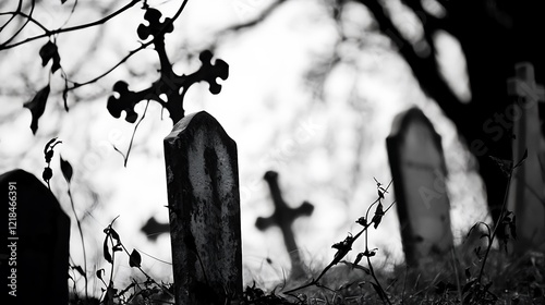 A cemetery with a cross and two white headstones