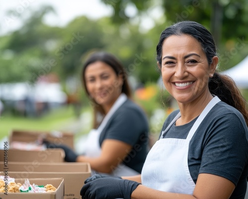 Compassionate Hispanic female volunteers organizing food distribution at local community outreach event, serving diverse neighborhood residents while fostering social connection and unity