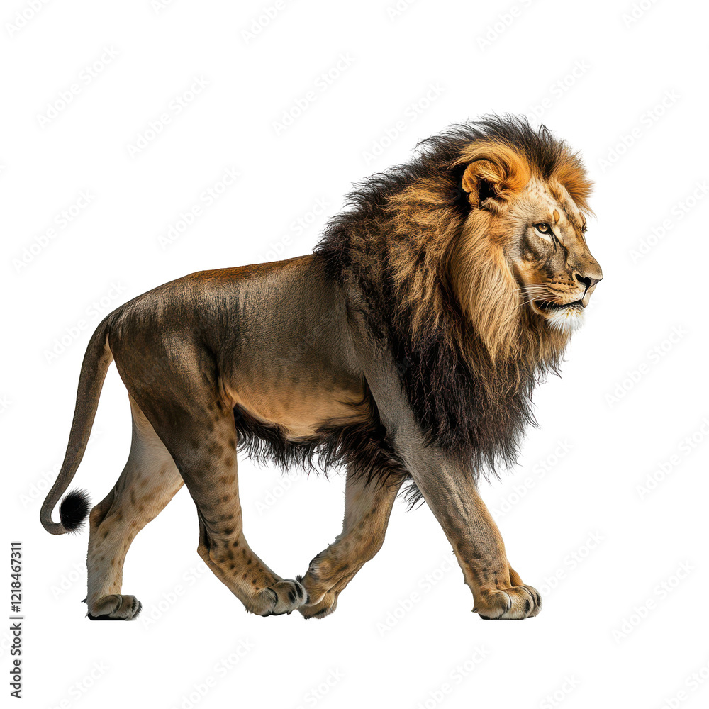 Obraz premium Majestic Male Lion Walking Isolated Black Background