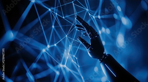 A robotic hand reaches out to an abstract network of lines and nodes, symbolizing the integration of artificial intelligence technology and virtual reality, presented in dark blue tones.