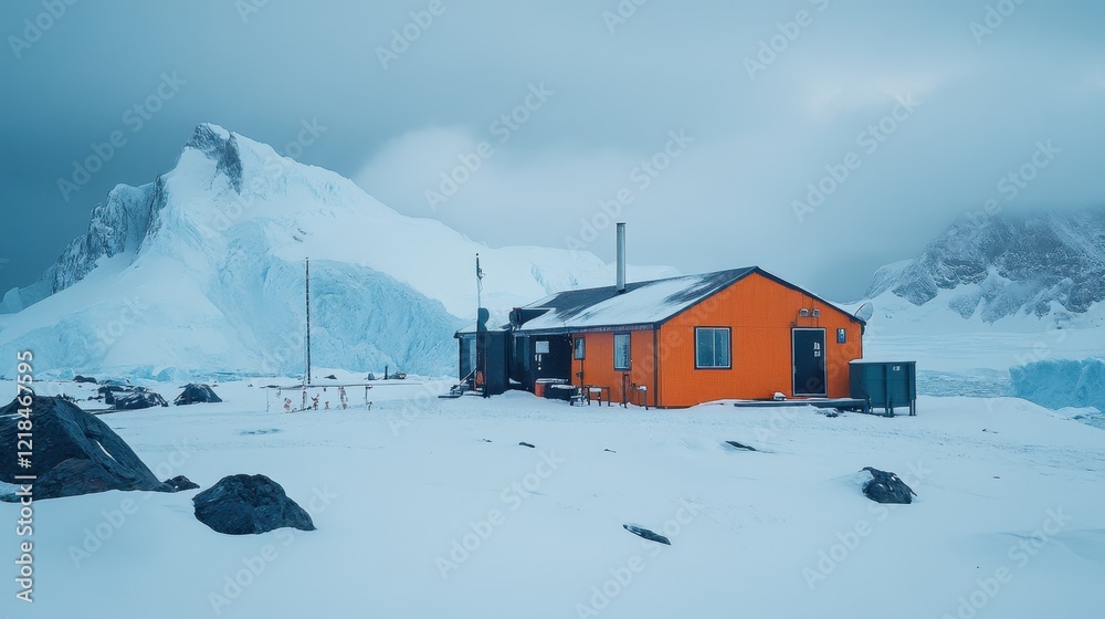 Solitude in the Frozen Wasteland: An orange cabin stands isolated against a backdrop of snow-covered mountains and a glacier, conveying a sense of isolation and resilience. Solitude in the Frozen Wasteland: An orange cabin stands isolated against a backdrop of snow-covered mountains and a glacier, conveying a sense of isolation and resilience.