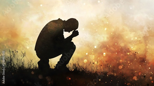 A man kneeling in a field praying