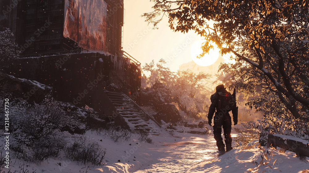 Lone figure in futuristic armor walking through snowy forest with glowing sunset, ruins in the background Lone figure in futuristic armor walking through snowy forest with glowing sunset, ruins in the background