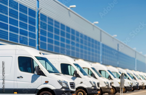 A fleet of white delivery vans parked orderly in front of a contemporary warehouse featuring solar panels, showcasing modern logistics and transportation. Solar-powered warehouse infrastructure. photo