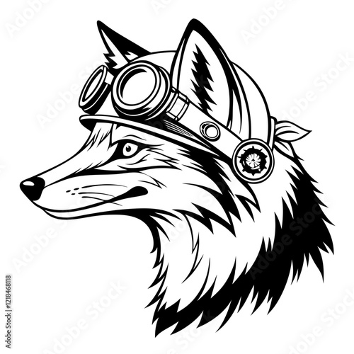 Fox head with steampunk goggles vector art illustration.