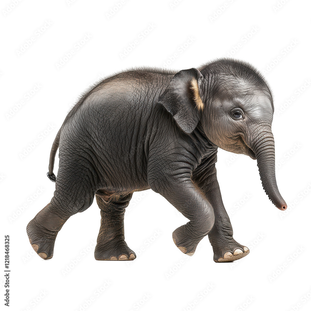 Fototapeta premium Baby Elephant Walking Isolated Black Background