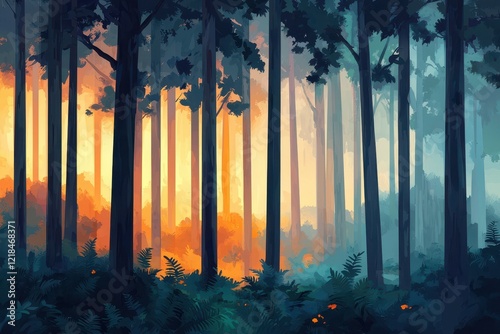 Enchanted Forest at Sunrise A Serene Landscape of Golden Light and Misty Trees
