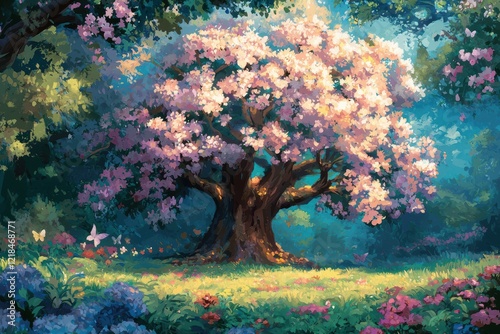 Enchanted Forest with Blossoming Tree and Sunlit Meadow