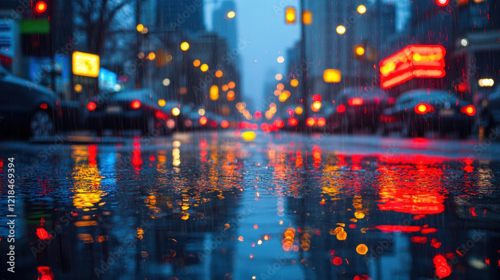 Obraz premium Rainy day reflections of city lights in puddles during a gentle spring shower