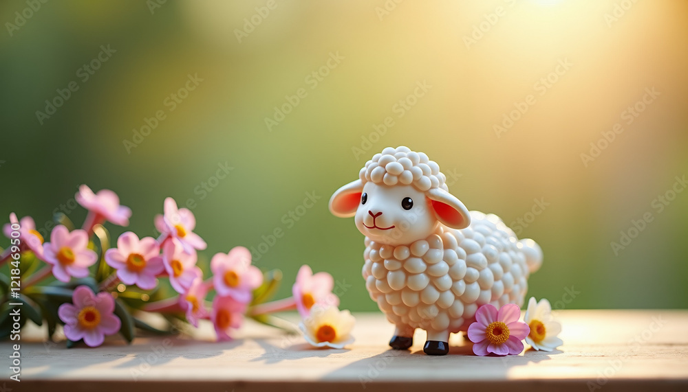 Obraz premium Small sheep figurine surrounded by flowers placed on a light wooden shelf with soft light