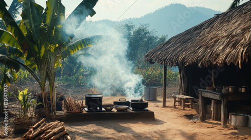 Rural Kitchen Smoke:  A rustic outdoor kitchen scene in a tropical setting, with smoke rising from cooking pots near a thatched hut, banana trees, and mountains in the background.