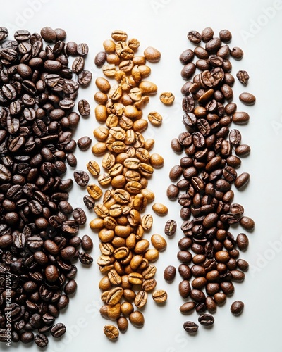 A Visual Comparison of Different Roasted Coffee Beans Arranged in Vertical Stripes on a White Background Showcasing Their Unique Textures and Colors