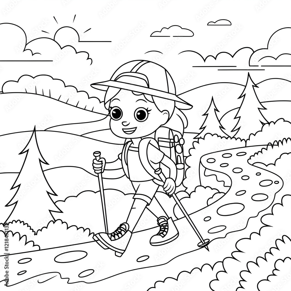 Naklejka premium hand drawn vector illustration of a child with a kite coloring page 