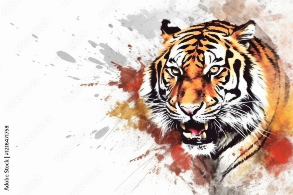 Naklejka premium Majestic tiger with vibrant colors and artistic splashes expressing power and grace in nature