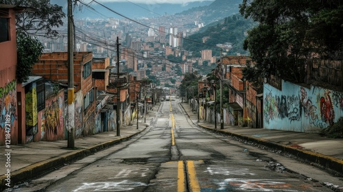 Urban Hillside Street: A long, steep street winds its way through a densely populated hillside neighborhood, adorned with vibrant graffiti art and showing the textures of urban life.