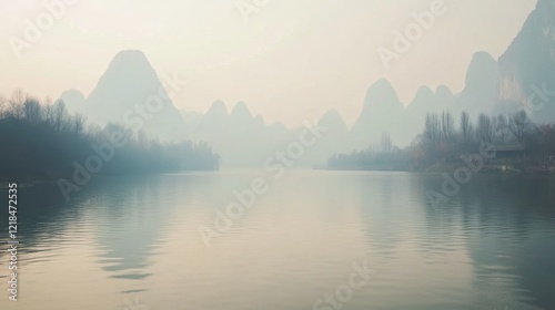 Serene River Landscape:  A mist-shrouded river flows gently past the iconic karst mountains, creating a breathtaking and ethereal vista in a scene reminiscent of a timeless Chinese landscape painting.