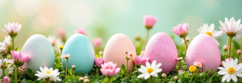 Fototapeta premium Soft pastel-colored Easter eggs nestled among a variety of delicate flowers, creating a serene and elegant spring scene