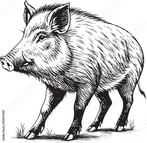 Boar Hog Wild Pig Sketch Drawing Linear Line Art Engraving Style Black and White Vector Illustration Isolated on White