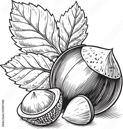 Hazel Nuts Hazelnut Nut Sketch Drawing Linear Line Art Engraving Style Black and White Vector Illustration Isolated on White
