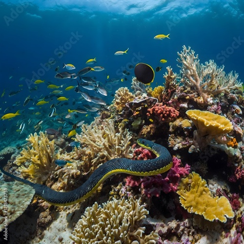 Erythrolamprus Ecosystem Interaction Snake Coiled Near Water with Surrounding Wildlife photo