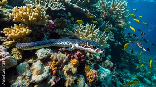 Erythrolamprus in Its Ecosystem Coiled by Water with Nearby Wildlife Interaction photo