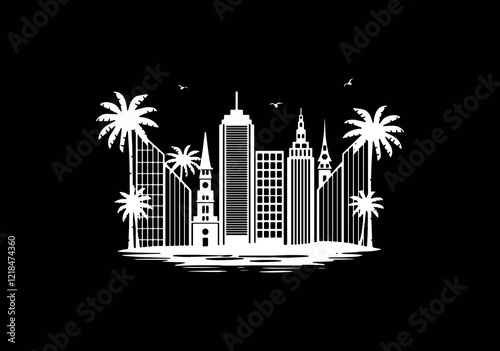 miami vector silhouette on black background. Black and white drawing of a big city with palm trees vector
