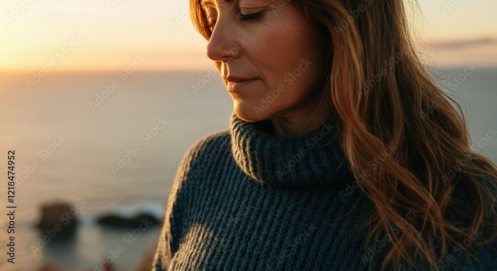 Caucasian adult female in sweater enjoying ocean sunset serenity Caucasian adult female in sweater enjoying ocean sunset serenity