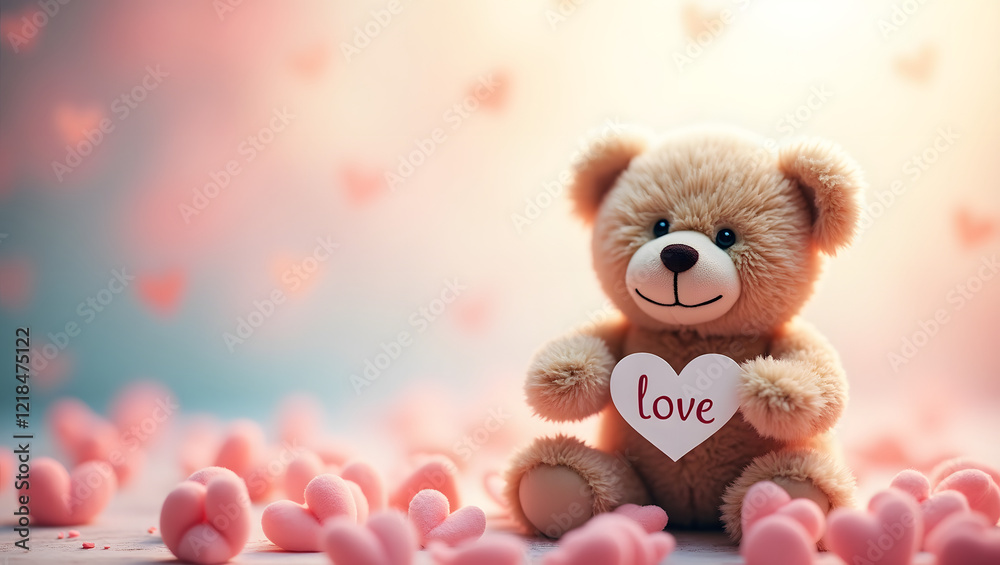 Fototapeta premium A teddy bear holds a handwritten love note, surrounded by pastel hearts, with a dreamy, pastel-colored background evoking warmth and love.