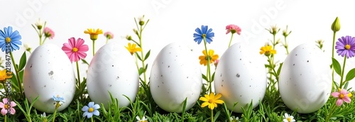 Easter composition. Banner on a white background. the eggs are white with gray spots, with delicate bright pink, blue, yellow, lilac flowers on long stems in the background. top view. five eggs, a lot