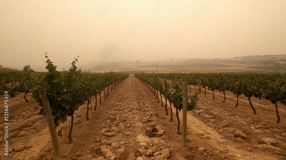 Fototapeta premium Vineyard under Smoky Skies: Rows of grapevines stretch towards a hazy horizon, obscured by smoke in the distance, creating a dramatic and somewhat melancholic scene of a vineyard. 
