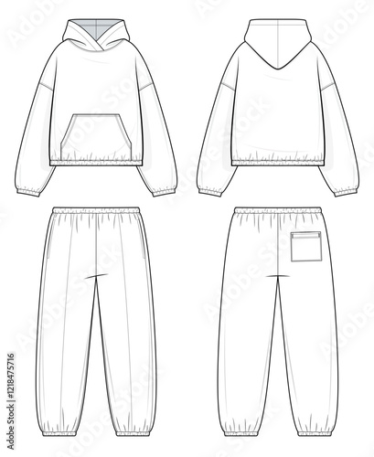 Loungewear Set Technical Fashion Illustration. Hoodie jacket Paired with Jogger Pants Featuring Elastic Waistband and Garterized Ankles vector fashion template. Unisex Activewear. CAD Mockup Set.
