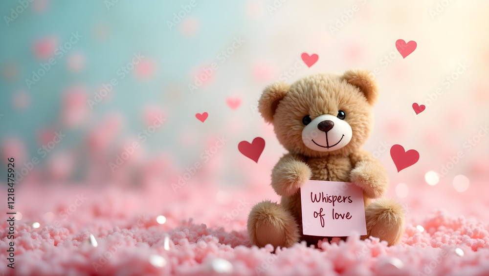 Fototapeta premium A teddy bear holds a handwritten love note, surrounded by pastel hearts, with a dreamy, pastel-colored background evoking warmth and love.
