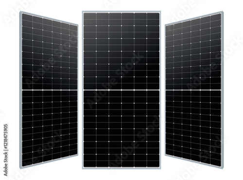 Foto Three solar panels in a triptych arrangement, featuring efficient photovoltaic cells in a grid pattern