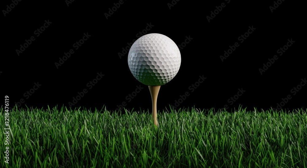 Golf Ball Ready on the Tee, Green Grass Background Golf Ball Ready on the Tee, Green Grass Background