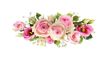 Pink rose and eustoma flowers in a festive floral arrangement isolated on white or transparent background