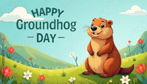 Cheerful Groundhog Celebrates Happy Groundhog Day in Vibrant Meadow Scene photo