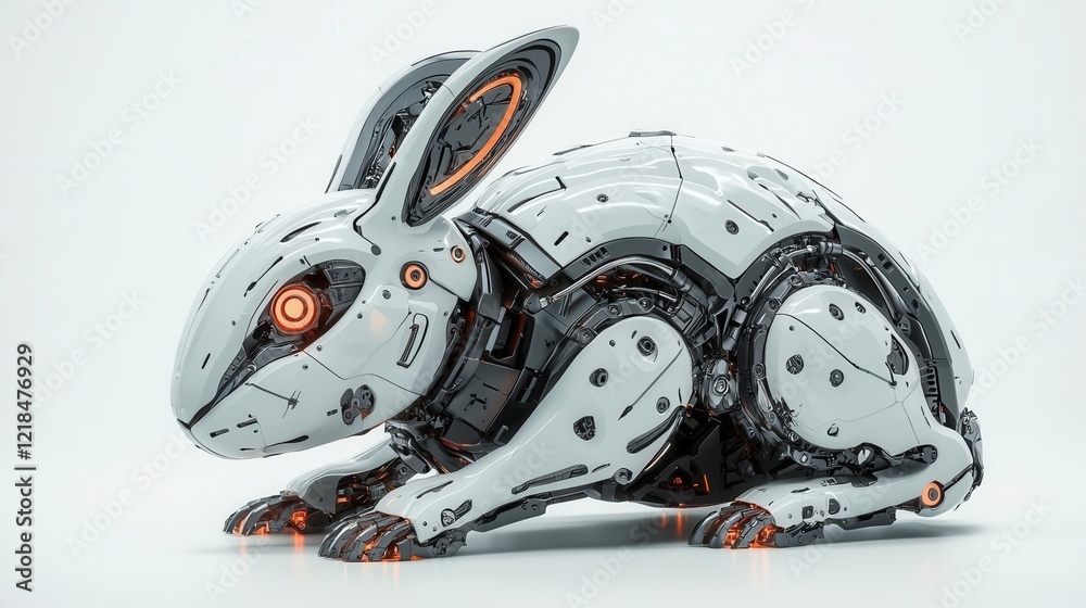 Fototapeta premium Advanced Robotic Rabbit with LED Eyes and Intricate Joints Hyperrealistic 3D Render on White Background