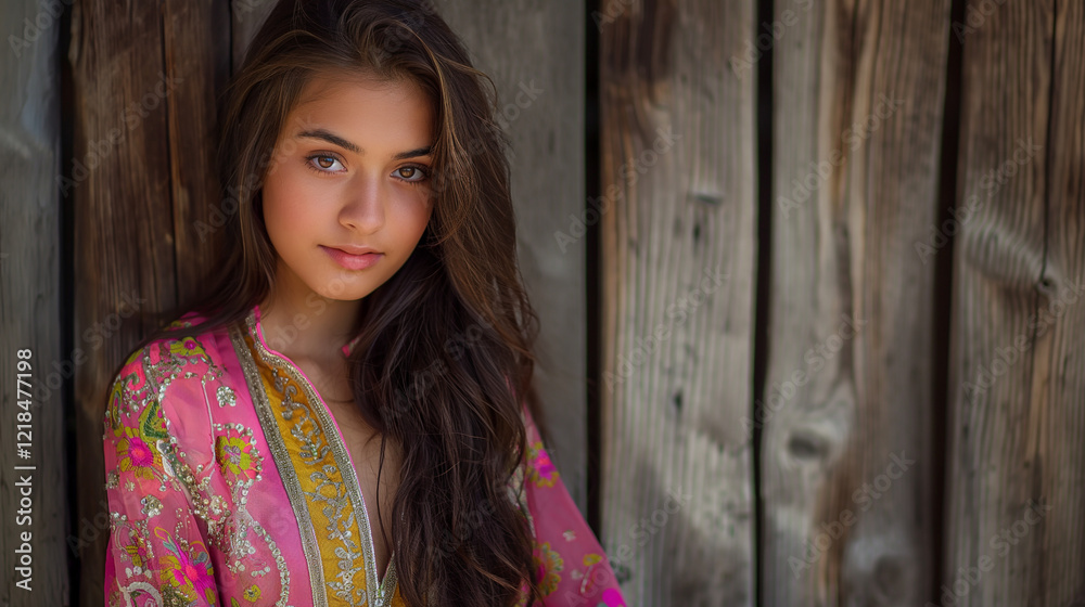 Fototapeta premium Beautiful Girl Wearing Kameez and Tight Pajama: Stylish Ethnic Fashion