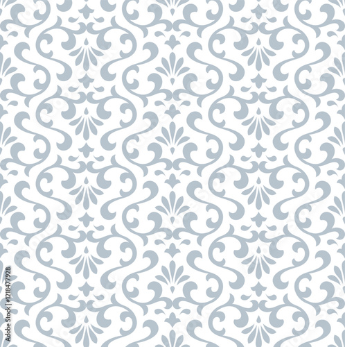 Wallpaper in the style of Baroque. Seamless vector background. White and gray floral ornament. Graphic pattern for fabric, wallpaper, packaging