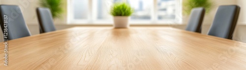 A wooden conference table with a small potted plant sits in a bright room, featuring large windows that let in natural light.