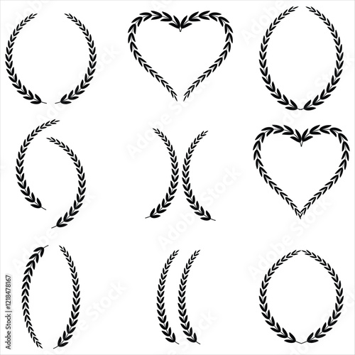 Laurel wreath icon, vector silhouette. Vector black laurels set. laurels heart vector. Set of wreaths and branches with leaves. Hand drawing laurel wreaths and branches collection. 