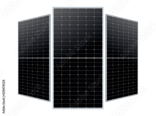 Three solar panels are displayed in a symmetrical arrangement, showcasing their sleek, modern design and efficient photovoltaic cells. This image highlights renewable energy technology.