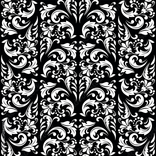 Wallpaper in the style of Baroque. Seamless vector background. White and black floral ornament. Graphic pattern for fabric, wallpaper, packaging. Ornate Damask flower ornament.