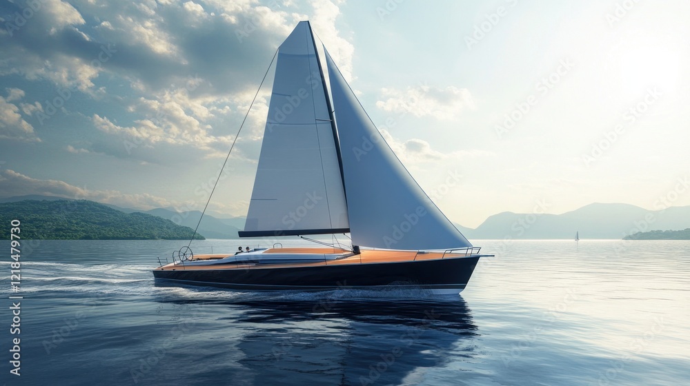 Fototapeta premium Sailboat cruising calm lake, mountains background, travel brochure